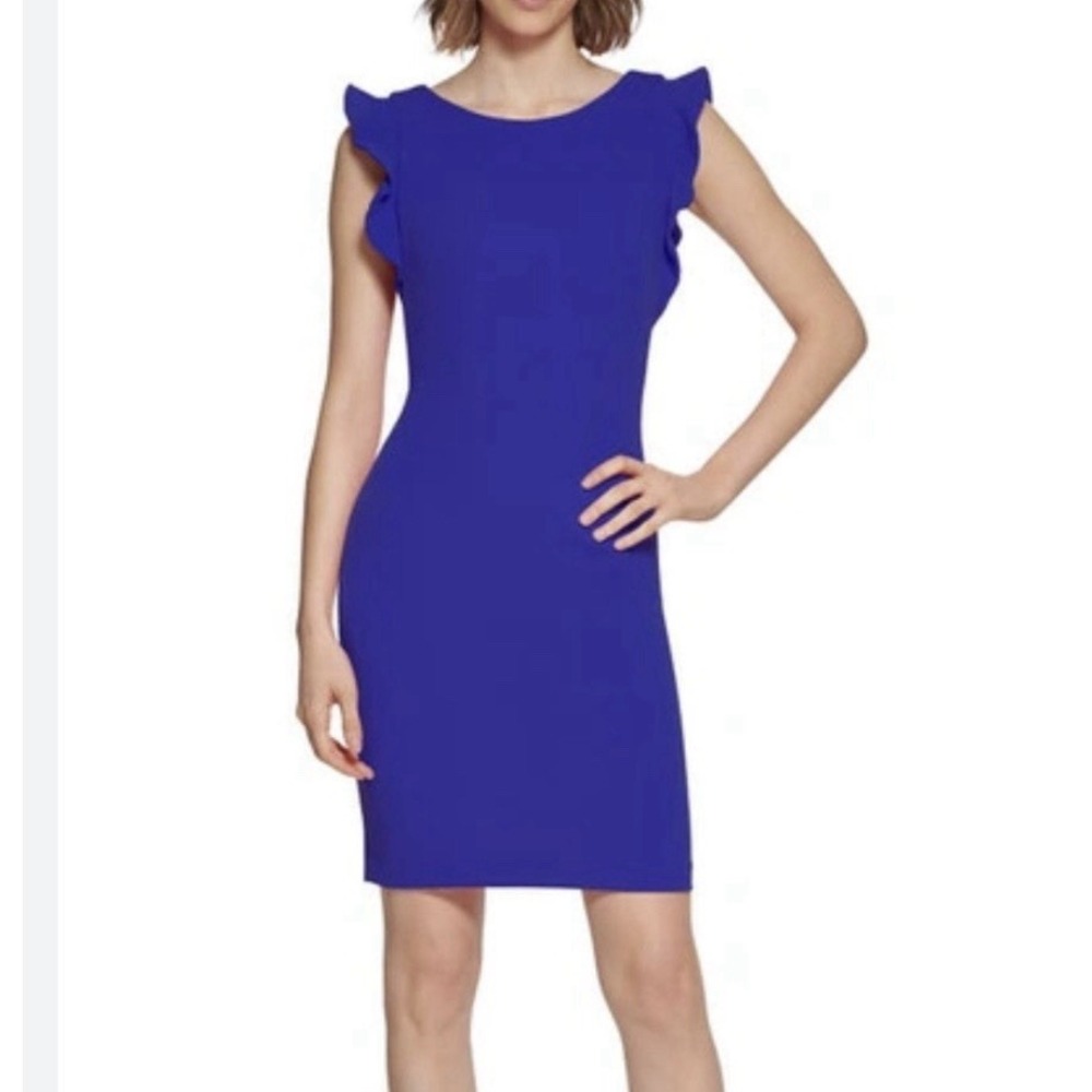 Calvin Klein Blue Ruffle Sleeve Stretch Crepe Sleeveless‎ Sheath Dress Size 12